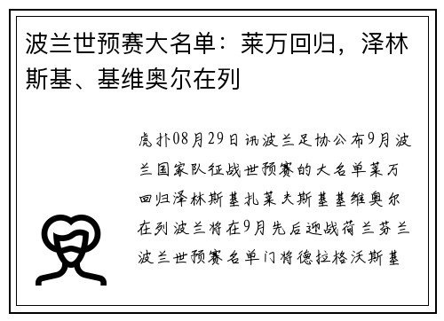 波兰世预赛大名单：莱万回归，泽林斯基、基维奥尔在列